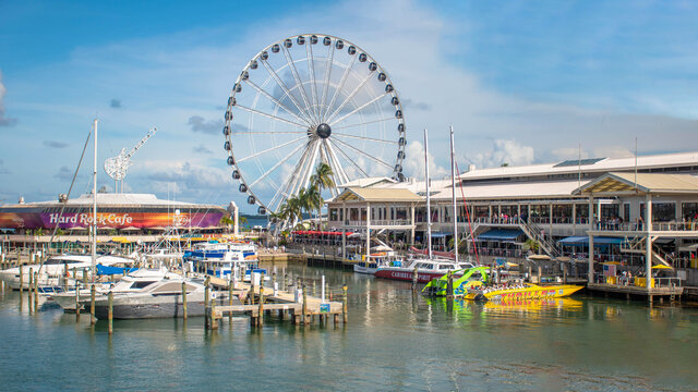 Miami , Florida. June 28, 2021. Panoramic view of Skyviews Miami Observation Wheel and Hard Rock Cafe in Bayside Marketplace area (1).