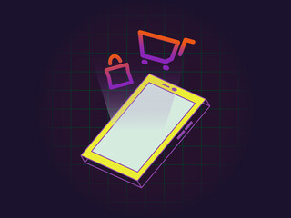 Vector image of shopping through mobile phone, illustrated with trolley icon and tote bag floating out of the phone screen, as if the user is selecting a shopping feature.