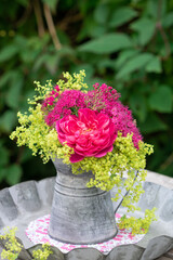 Blumenstrauß mit pink Rose, Sommerspiere und Frauenmantel im vinage Krug