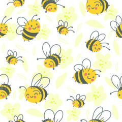 Funny bees character, vector illustartion EPS10. Seamless pattern dackground