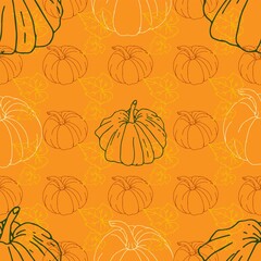 Fall autumn orange, green, yellow pumpkins on orange background pattern. Thanksgiving holidays seamless repeat swatch.