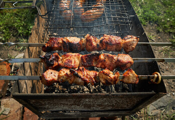 Barbeque meat and sausages or bratwurst on a grill grate in backyard. Man preparing shashlik or shish kebab over charcoal. Grilled meat on metal skewer outdoor. BBQ party or picnic food. Close up shot