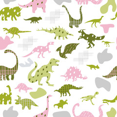 Fototapeta premium Seamless pattern with cute silhouettes baby dinosaurs. Jurassic,mesozoic reptiles with different prints.Various dino characters in pastel color.Prehistoric illustration.Childish wrapping paper