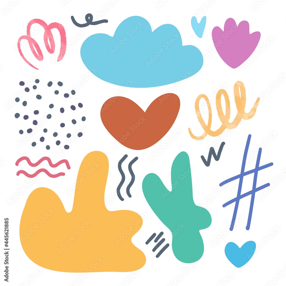 Poster set of hand drawn colorful shapes and doodle objects. vector illustration with abstract random desig