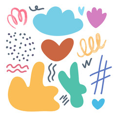 Set of hand drawn colorful shapes and doodle objects. Vector illustration with abstract random design elements isolated on white background
