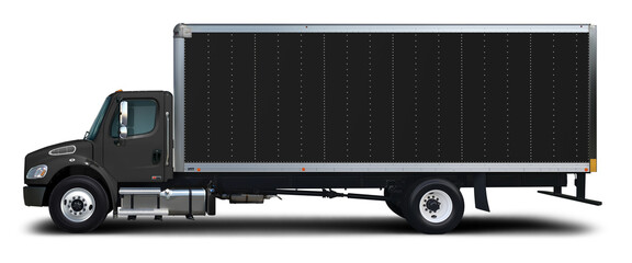 A completely black American delivery truck. Side view isolated on white background.