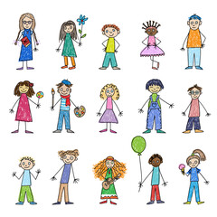 Congratulations with Childrens day. Colorful hand drawing vector illustration with fifteen children of different nationalities and races with flower, green balloon, lollipop, ice-cream and with vario