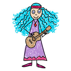 Children music classes. Little girl with long blue curly hair playing guitar. Kids Drawing style vector