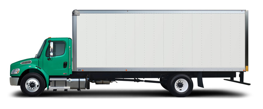 Delivery truck side view with blue-green cab isolated on white background.