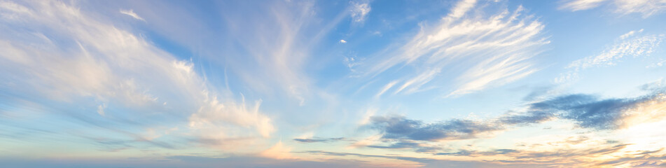 Panoramic View of colorful cloudscape during dramatic sunset. Taken near Vancouver, British...