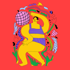 ethnic woman dancing in flowers. Women's holistic health, work life balance Self-love, Body Representation.The girl restores her strength in nature.Childish 70s Hand Drawn Hippie Style.child of flower