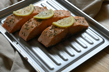 Baked salmon dish. Healthy living concept