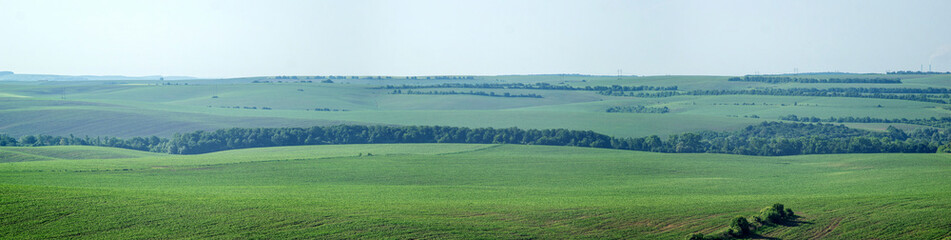 Beautiful panorama of agricultural fields and hills on a summer day in Ukraine