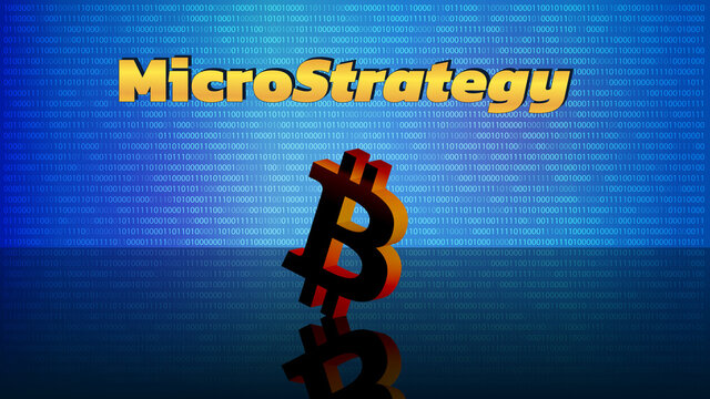 Banner MicroStrategy Incorporated on digital background with Bitcoin symbols on mirror floor. Company that buys bitcoins and other digital coins and pushes market up. Vector illustration.