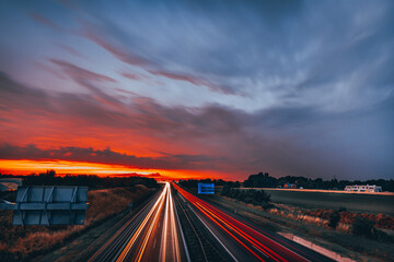 Sunset over the Highway in Poland. Lower Silesia.