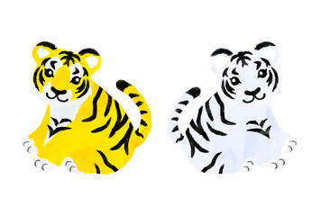 座っている黄色い虎と白虎のイラストセット　ベクター素材
