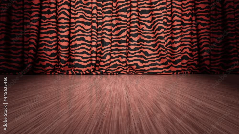 Poster realistic low angle view 3d animation of the textured orange and black tribal pattern curtain with r