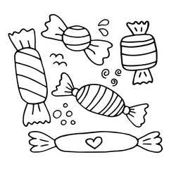 Hand drawn set of candies in doodle style. Black lines concept.
