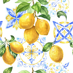 Mediterranean lemon seamless pattern with traditional ornaments. Watercolor repeating background.