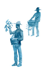 Harvesters. Silhouettes of men harvesting apples in baskets. Watercolor drawings.