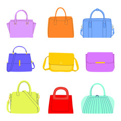A flat vector cartoon set of fashionable modern bags of various shapes and sizes. Isolated design on a white background.