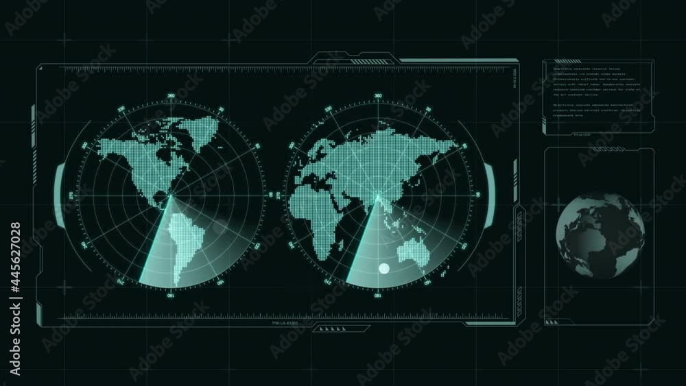 Poster animation of digital radar with targets and world map on monitor scanning. hud screen interface desi