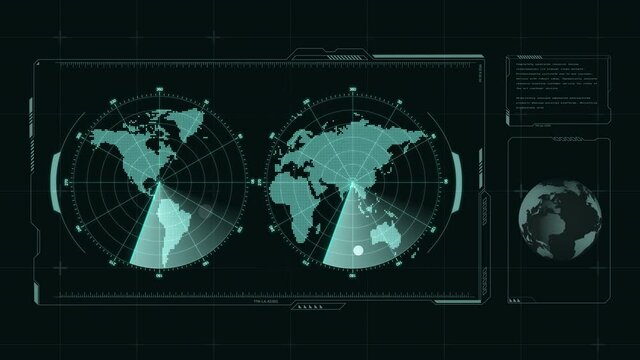 Animation of Digital radar with targets and world map on monitor scanning. HUD screen interface design of Military search system. Navigation, Navy sonar. abstract technology looped background
