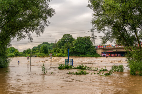 Threatening flood on the Wupper near Leverkusen, Germany