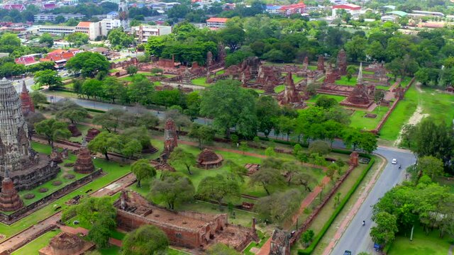 Aerial view of Ayutthaya temple, Wat Ratchaburana, empty during covid, in Phra Nakhon Si Ayutthaya, Historic City in Thailand