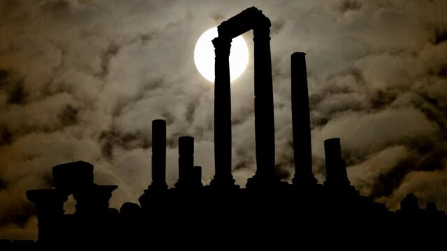 Hercules Temple By Night with Dark Atmosphere, Fog, Smoke, and Full Moon, Amman