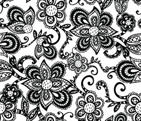 Black and White Seamless Pattern. Floral Lace Illustration in Vector.