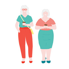 old elderly retired woman with a friend. An elderly lady is traveling and drinking coffee. Old tourists. Friendship and active old age. Gray hair and body positive, longevity, happy grandmothers