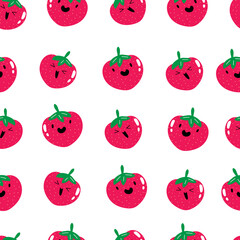 Cute kawaii strawberry summer fruit seamless pattern. Fruit smiling berry pattern. Stock vector illustration on a white background.