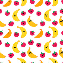 Cute kawaii strawberry and banana fruit seamless pattern. Fruit berry pattern. Stock vector illustration on a white background.