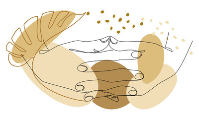 Silhouettes of human hands, applause, in a modern style one line and plant leaves. Continuous line drawing, outline for decor, posters, wall art, stickers, logo. Vector illustration.