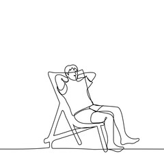 man in a T-shirt and short shorts sits in a chaise lounge with his head resting on the back of his head with his palms - one line drawing. summer vacation by the sea or by the pool