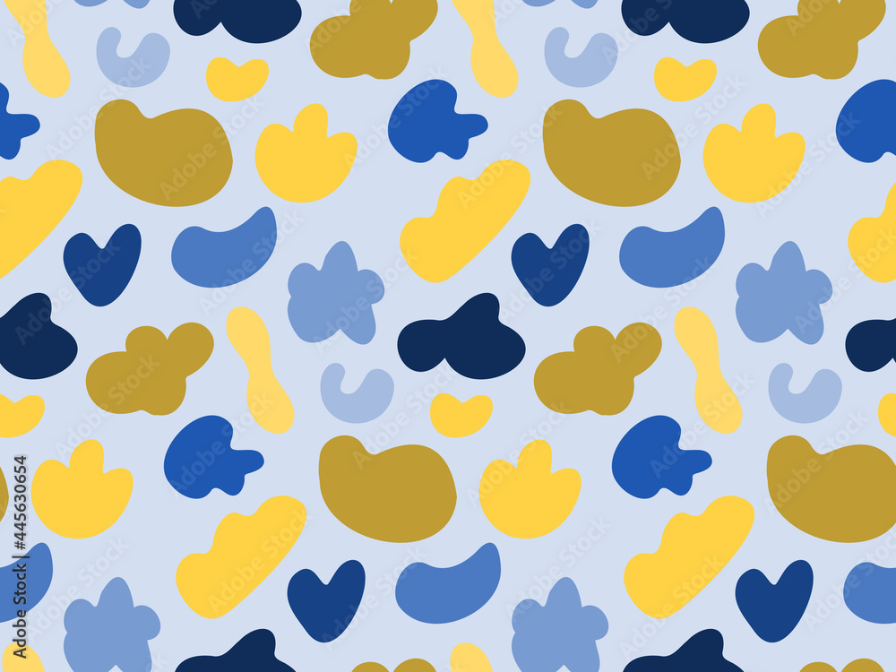 Poster seamless pattern vector background with yellow and blue colored random organic shape blobs on light 