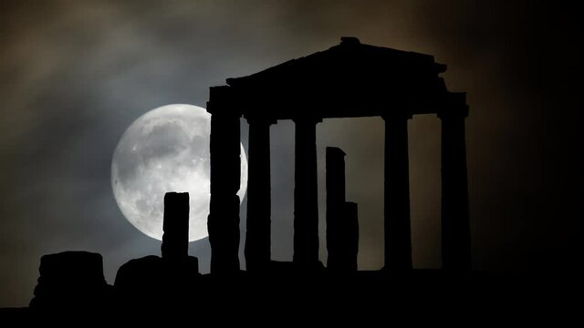 Gate of the Ancient Roman Agora of Athens by Nigh, Time Lapse with Full Moon