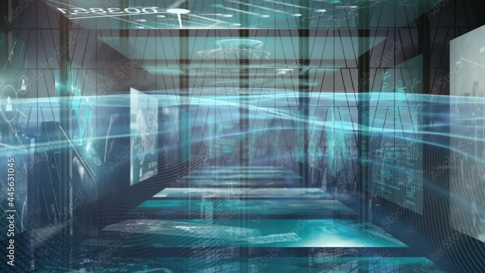 Poster animation of data processing on screens over busy office