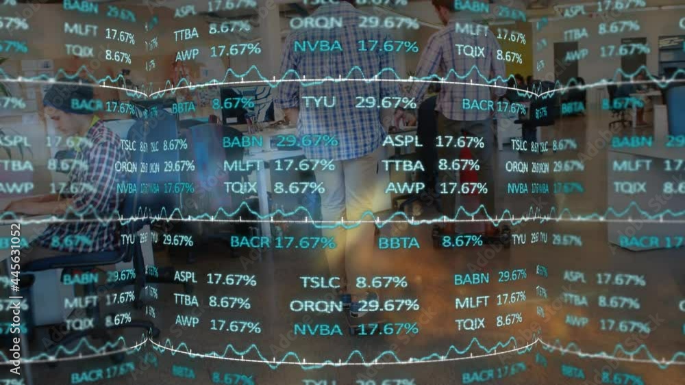 Poster animation of financial data processing over office
