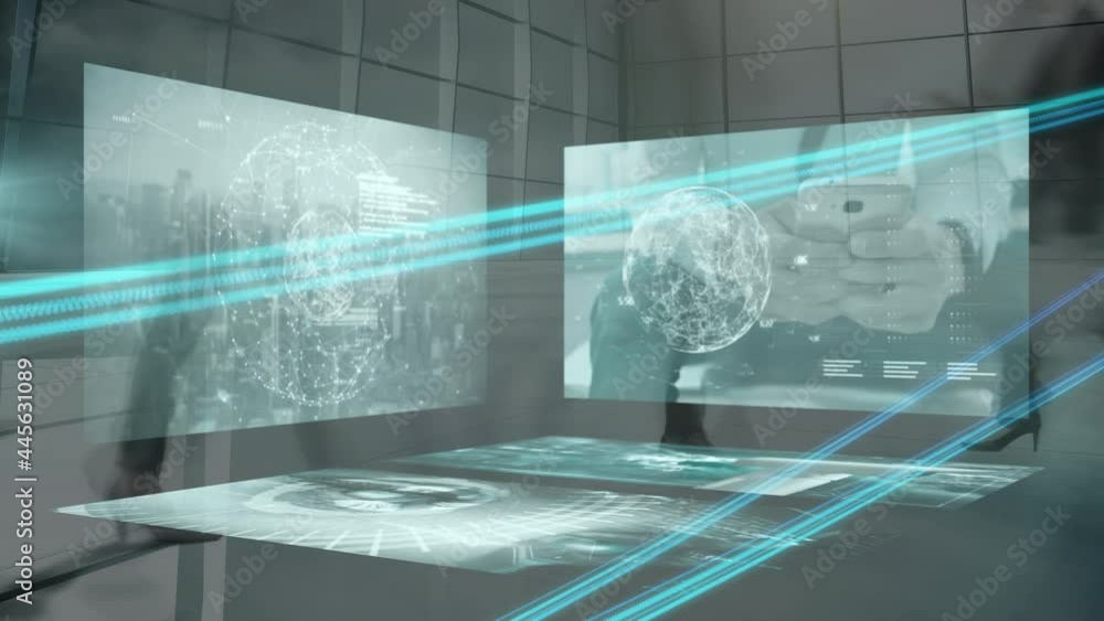 Poster animation of data processing on screens over modern busy office