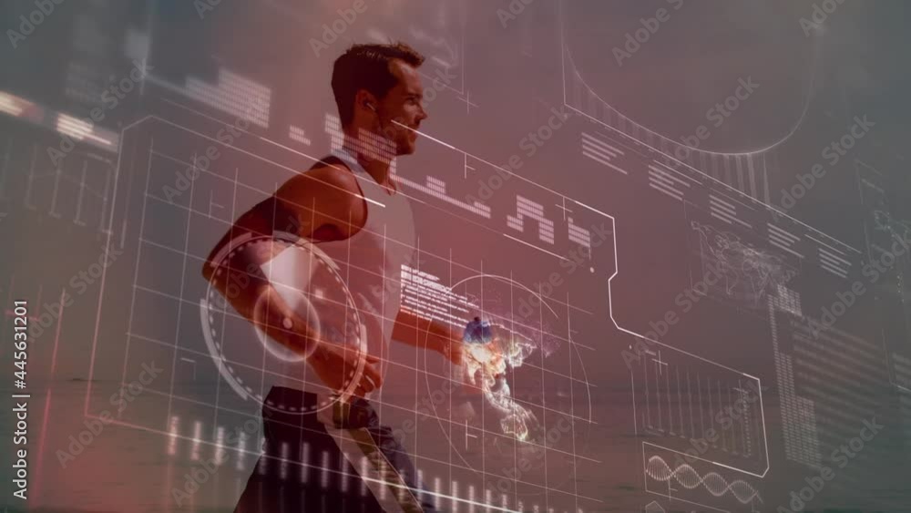 Poster animation of data processing over fit man running at beach