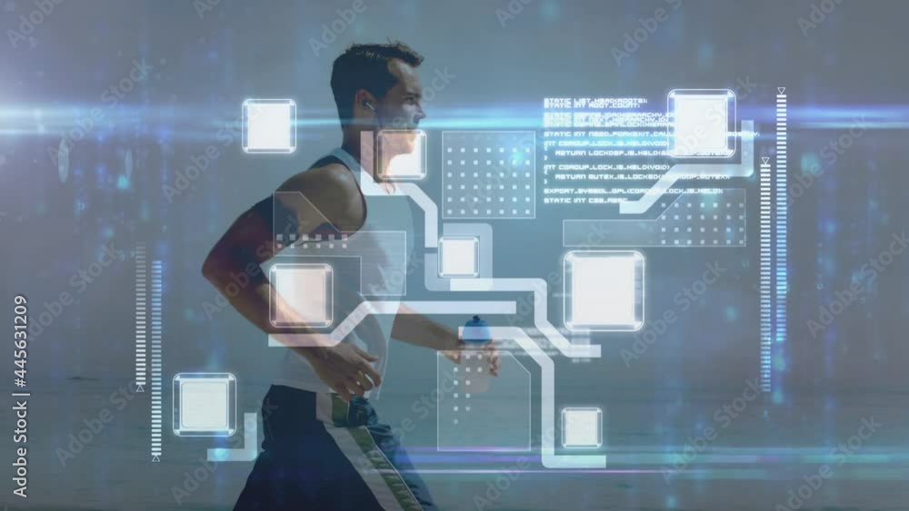 Poster animation of network of connections over fit man running at beach