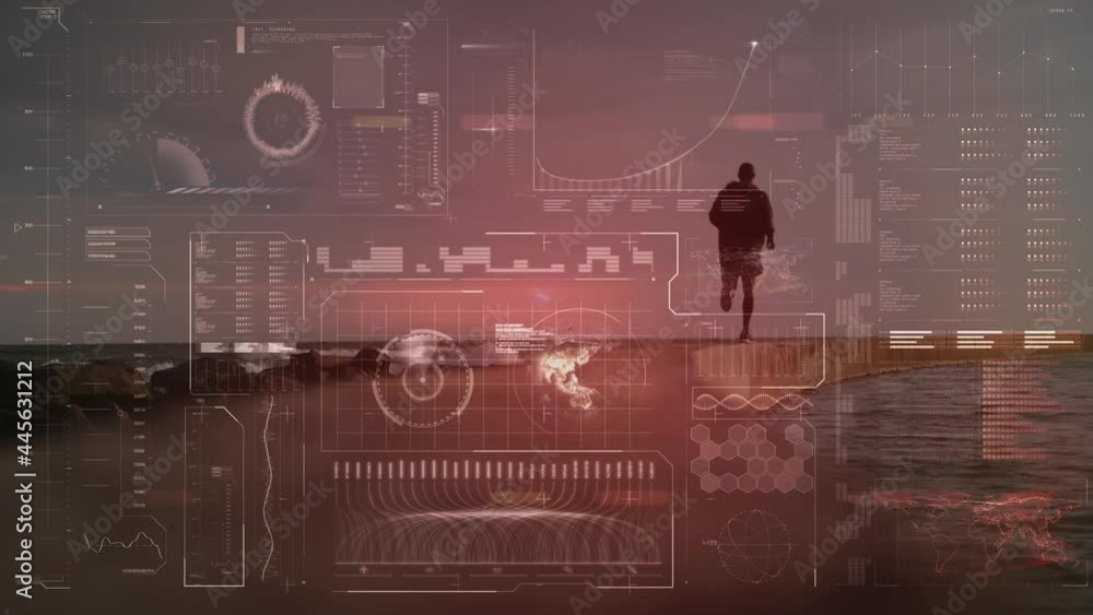 Aufkleber animation of data processing over fit man running at beach