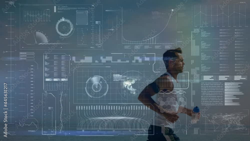 Poster animation of data processing over fit man running at beach
