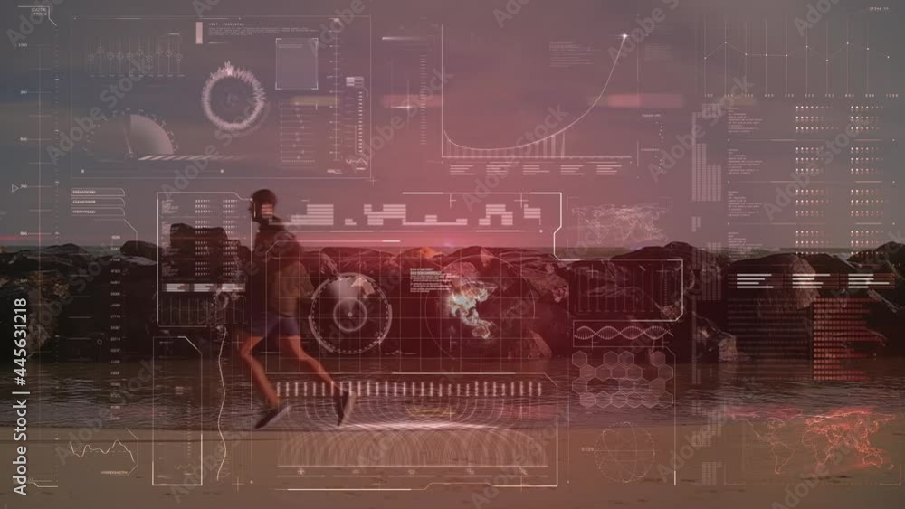 Poster animation of data processing over fit man running at beach