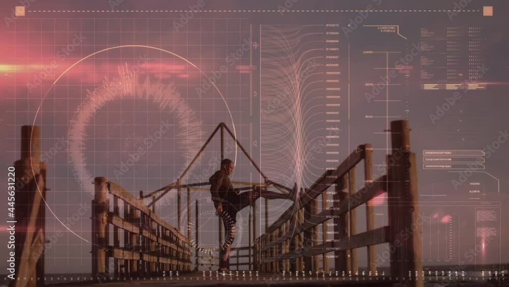 Poster animation of data processing over fit man exercising at beach