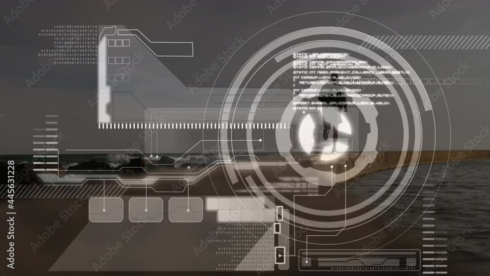 Poster animation of data processing over fit man running at beach