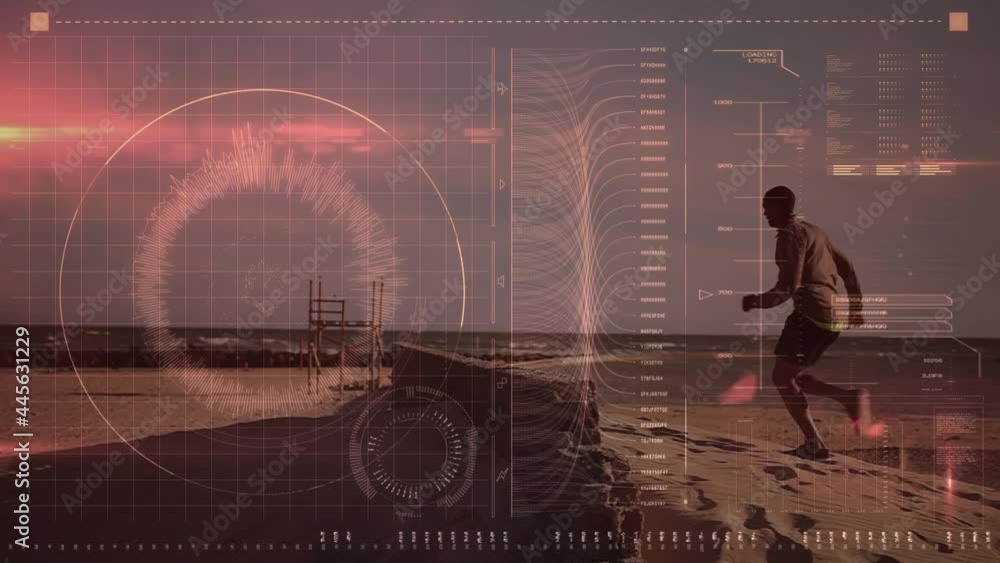 Poster animation of data processing over fit man running at beach