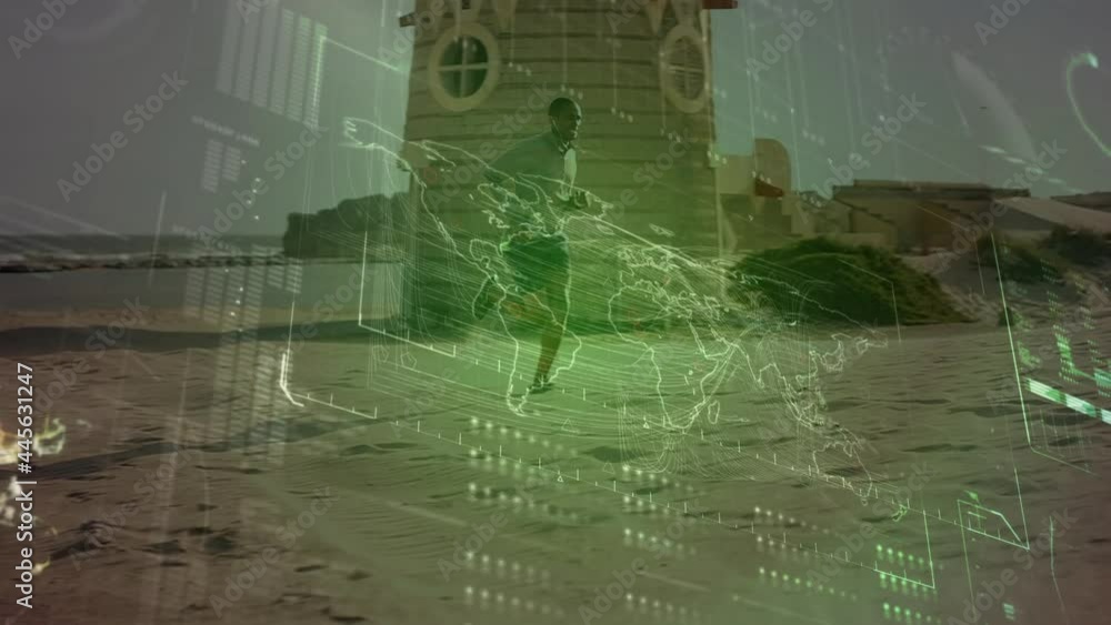 Poster animation of data processing over fit man running at beach